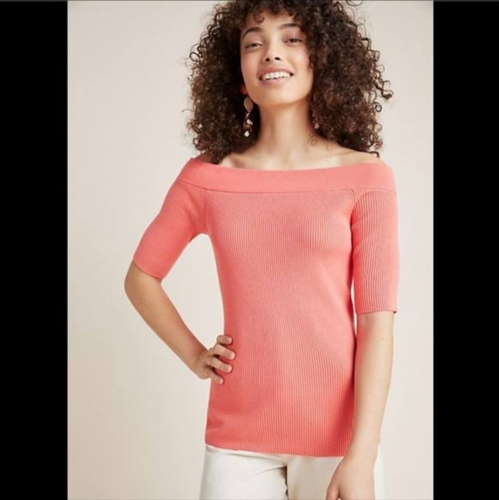 Anthropologie Women's Ribbed Off Shoulder Knit Shirt Size Large Petite Coral.